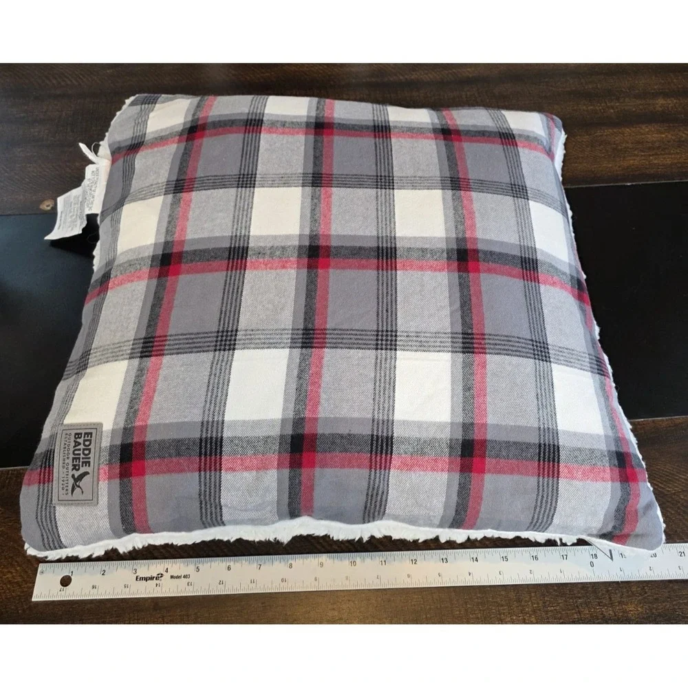 Eddie Bauer Decorative Throw Pillow Wallace Plaid Sherpa Red Black Square 20 NEW